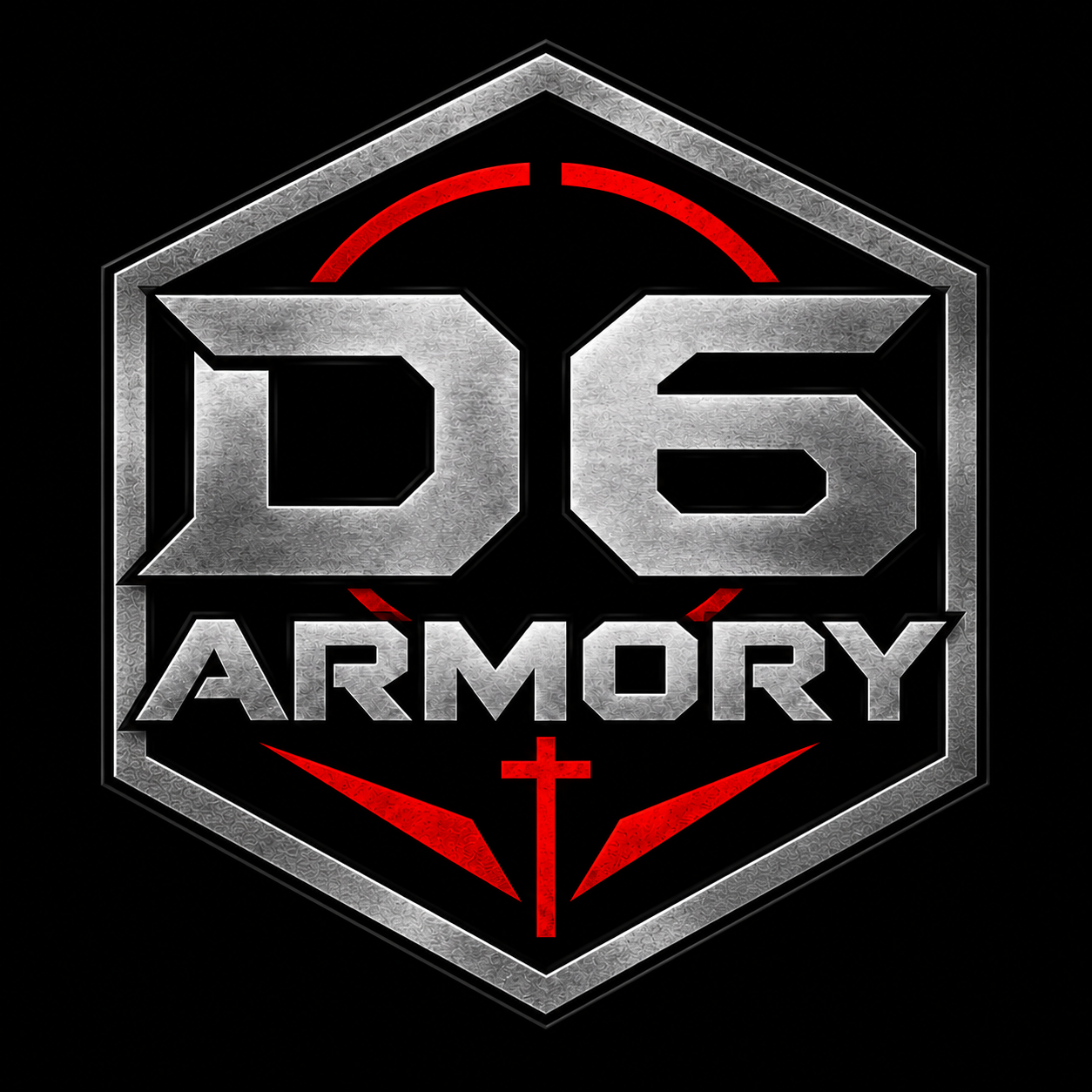 D6 Armory silver, black and red hexagon logo